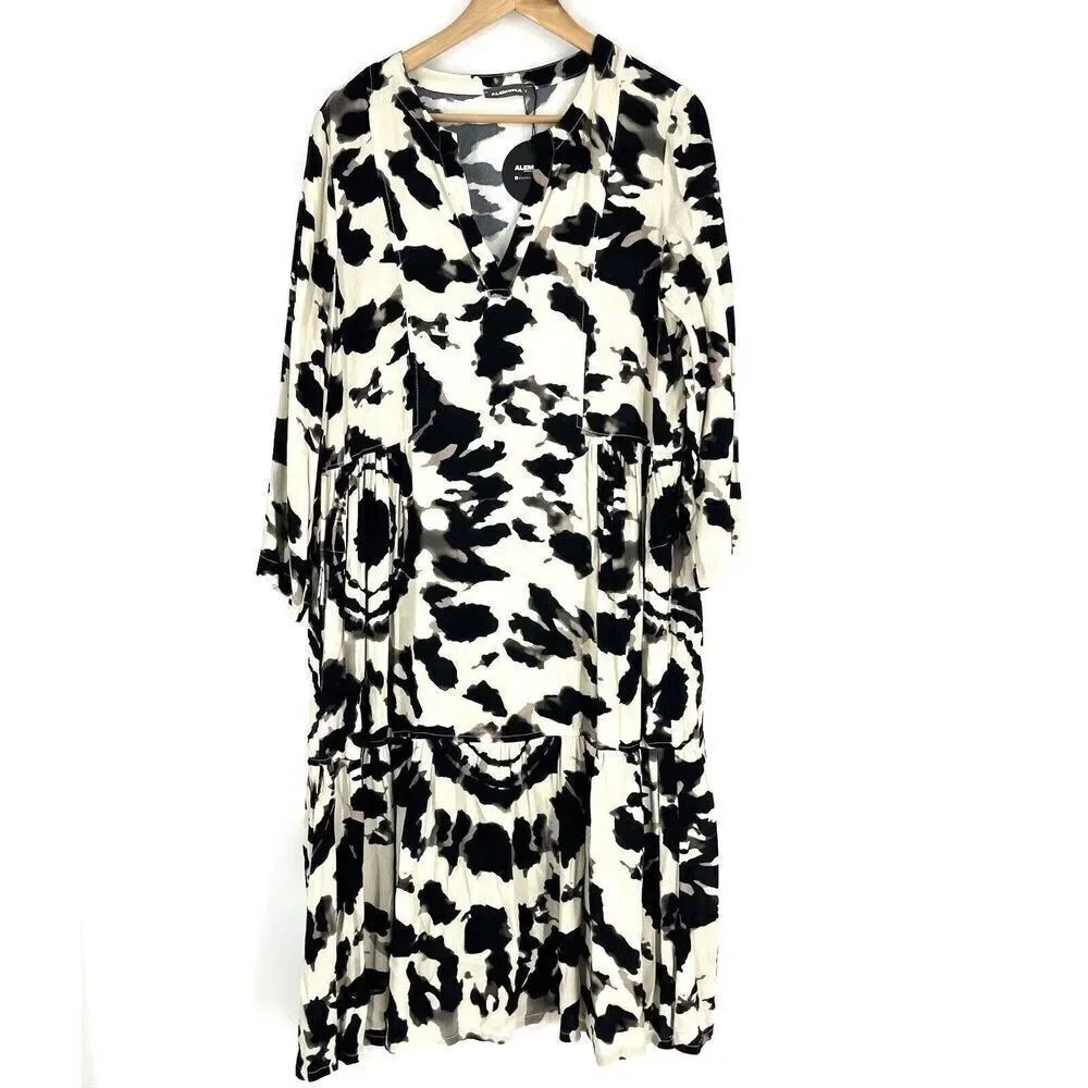 Alembika Dress Size 2 6-8 Black White Tribal Print 3/4 Sleeve V Neck Midi Shift